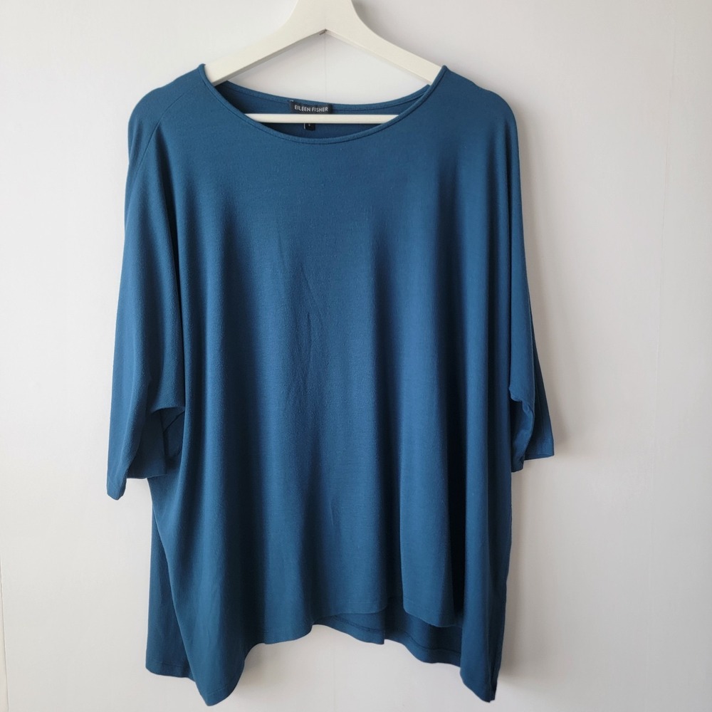 eileen Fisher women's boxy tunic top sz S asymmetric hem short sleeve minimalist